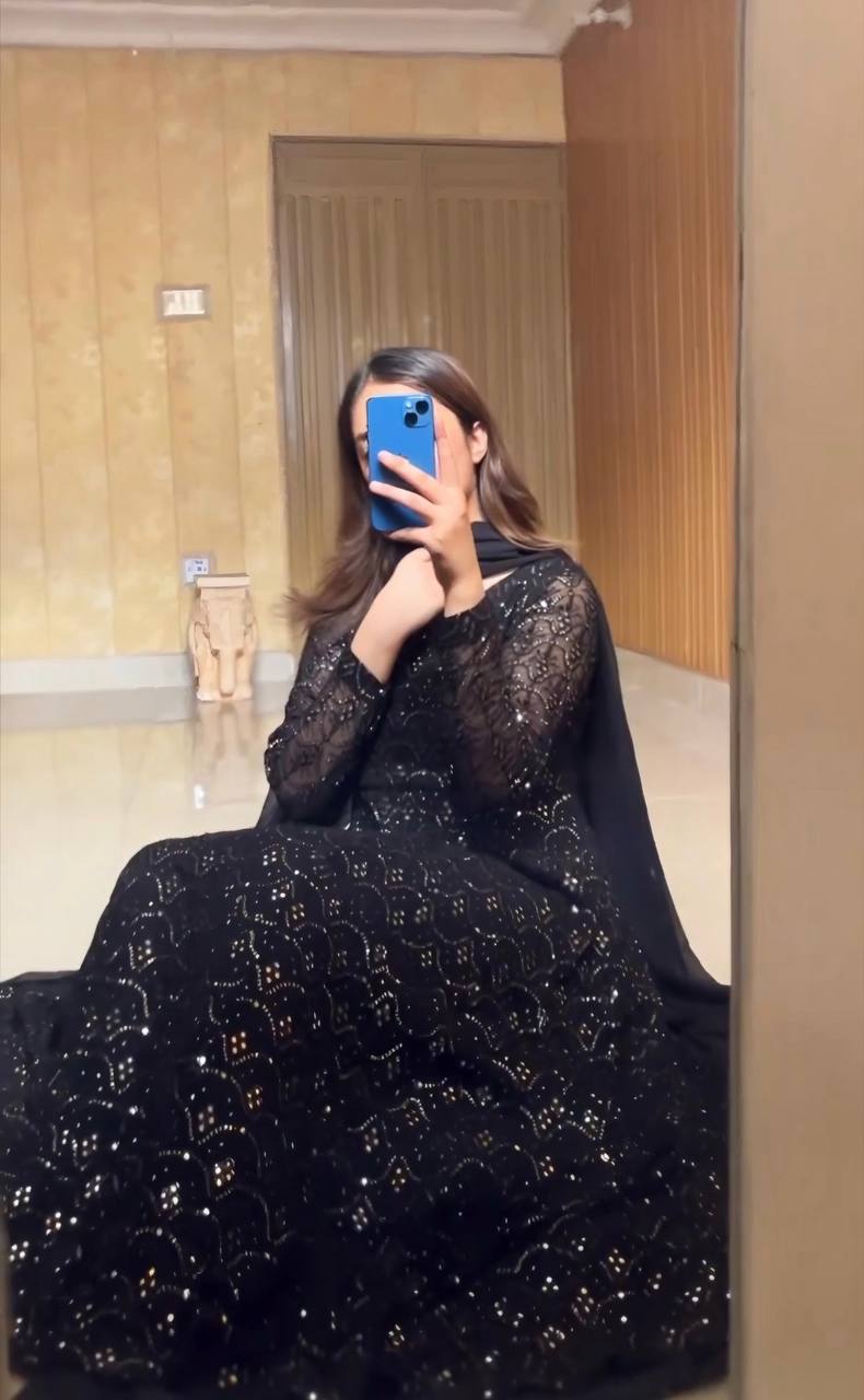 Black Designer Anarkali Sharara Set in Faux Blooming with Heavy Sequins & Thread Embroidery