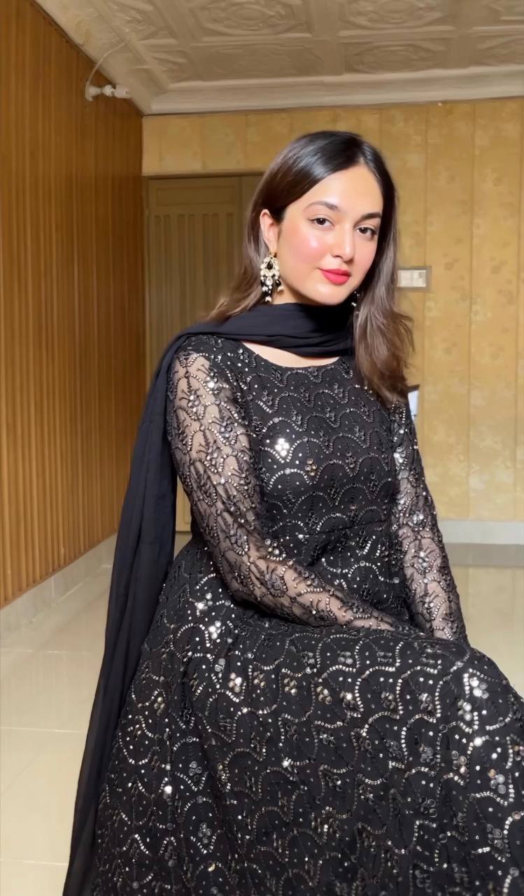 Black Designer Anarkali Sharara Set in Faux Blooming with Heavy Sequins & Thread Embroidery