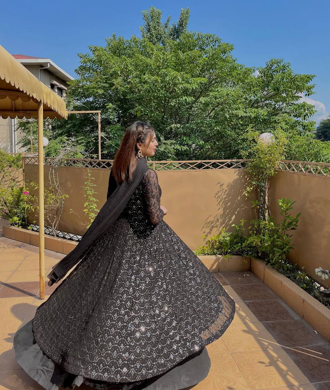 Black Designer Anarkali Sharara Set in Faux Blooming with Heavy Sequins & Thread Embroidery