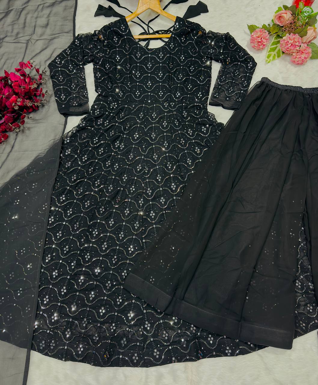 Black Designer Anarkali Sharara Set in Faux Blooming with Heavy Sequins & Thread Embroidery