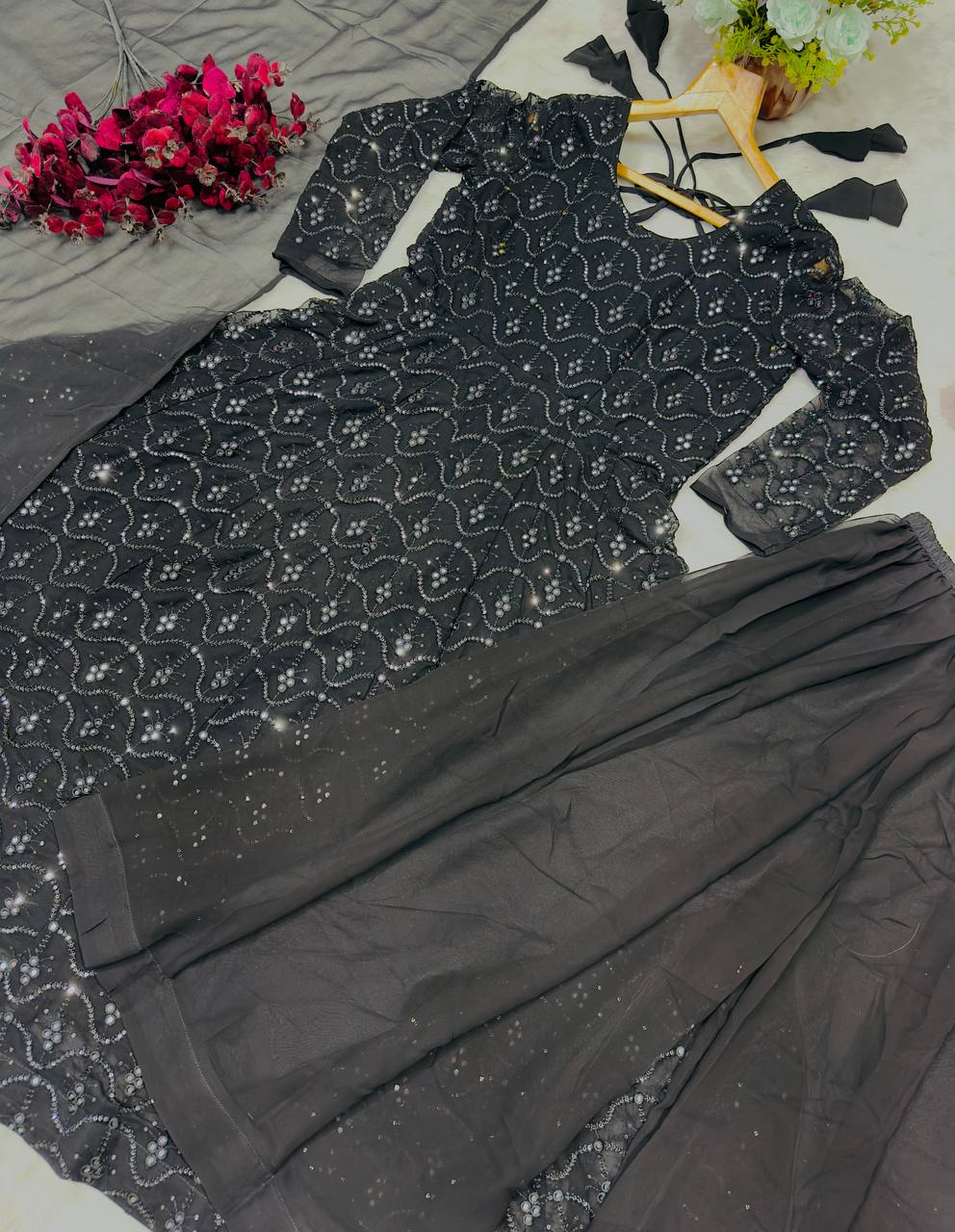 Black Designer Anarkali Sharara Set in Faux Blooming with Heavy Sequins & Thread Embroidery