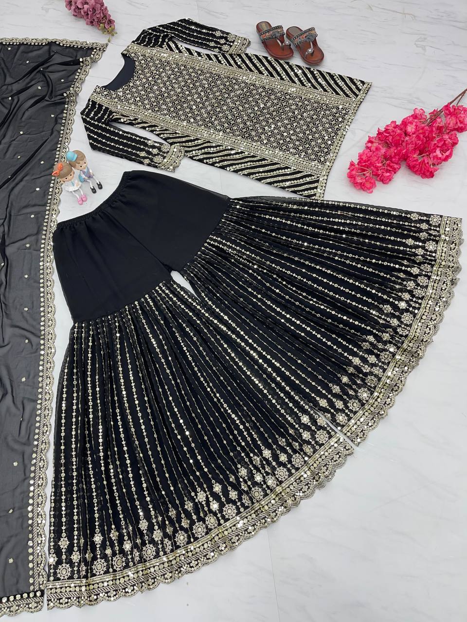 Black Designer Attractive Sequence Work Sharara Suit