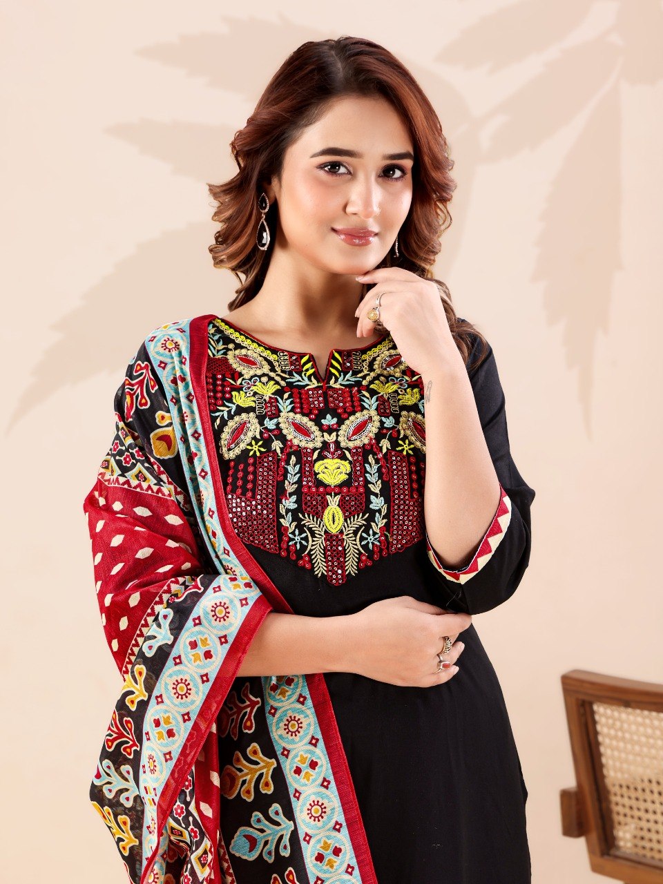 Black Designer Cotton Kurti Pant Set
