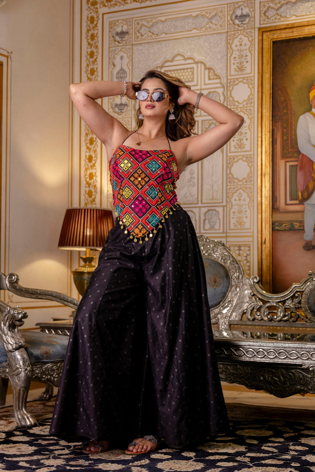 Black Designer Embroidered Bangalori Silk Top with Pure Butti Flairy Palazzo Set