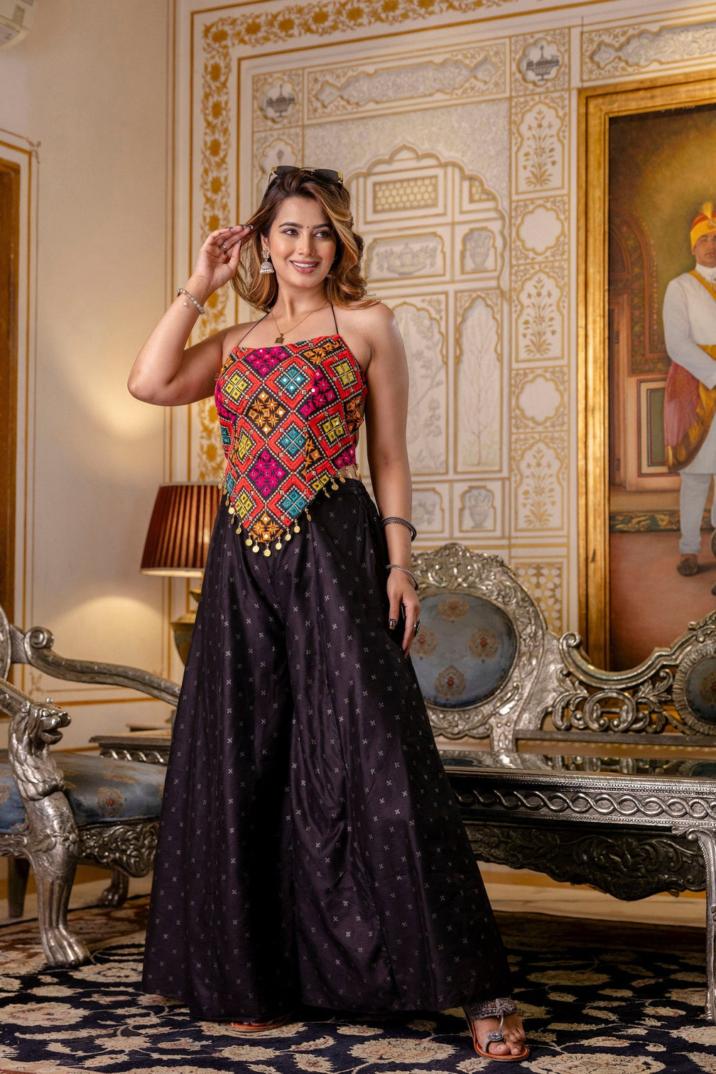 Black Designer Embroidered Bangalori Silk Top with Pure Butti Flairy Palazzo Set