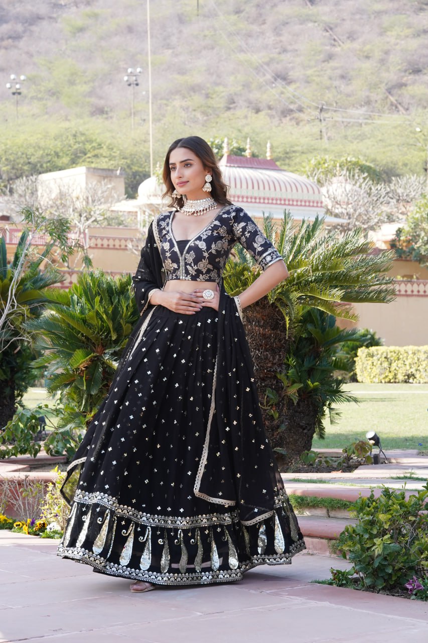 Black Designer Faux Blooming Lehenga Choli with Shimmering Sequins & Lace