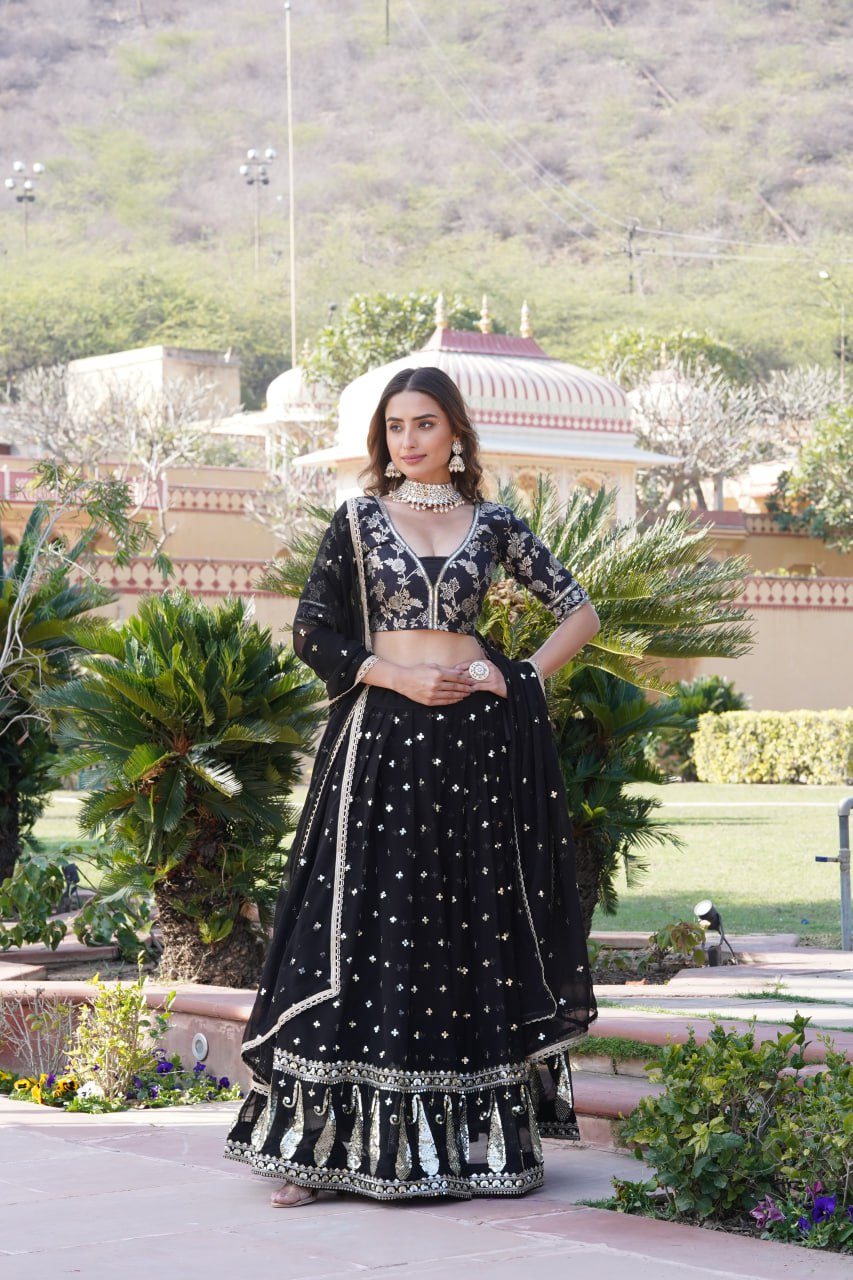 Black Designer Faux Blooming Lehenga Choli with Shimmering Sequins & Lace
