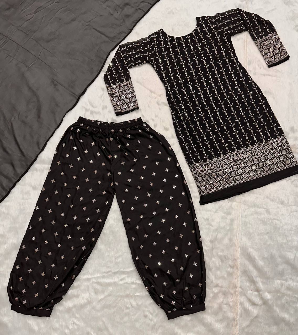 Black Designer Faux Blooming Suit Set with 5mm Sequins Embroidery & Georgette Dupatta
