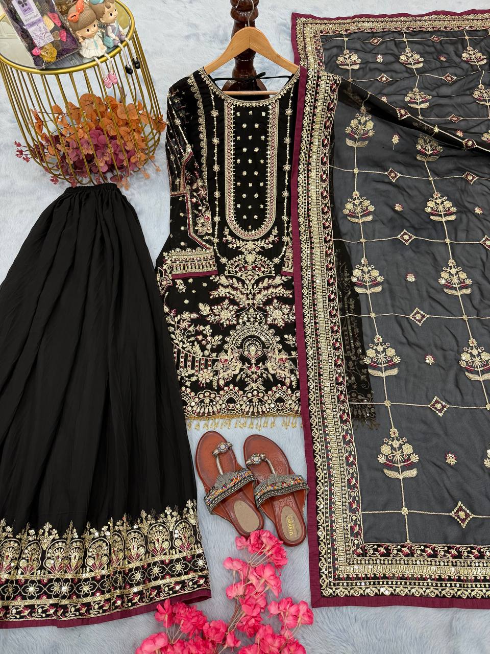 Black Designer Faux Georgette Embroidered Top with Khajuri Crush Palazzo & Matching Dupatta Set