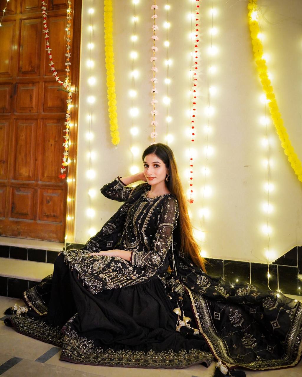 Black Designer Faux Georgette Embroidered Top with Khajuri Crush Palazzo & Matching Dupatta Set