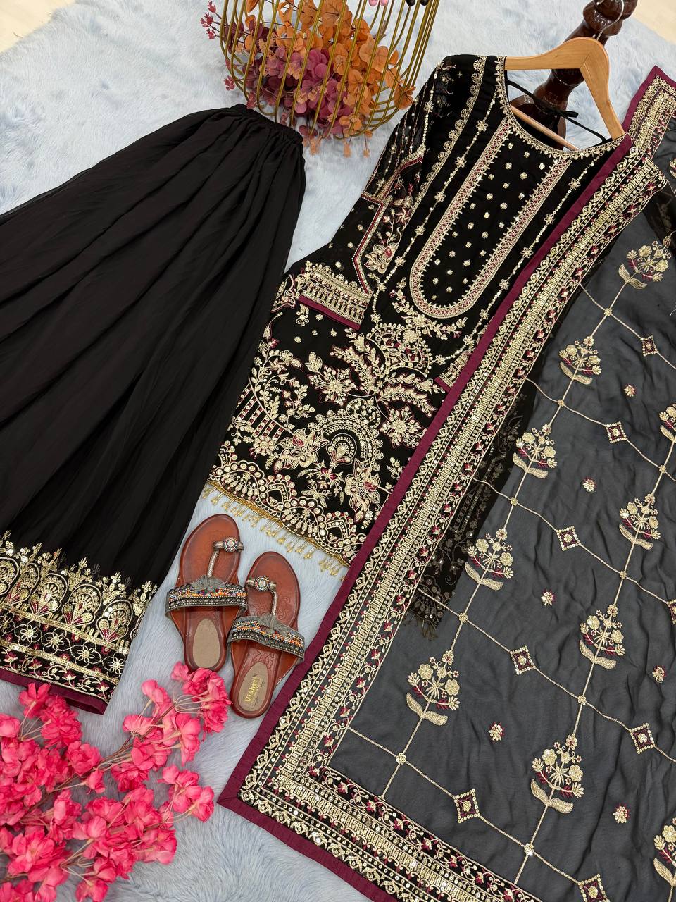 Black Designer Faux Georgette Embroidered Top with Khajuri Crush Palazzo & Matching Dupatta Set