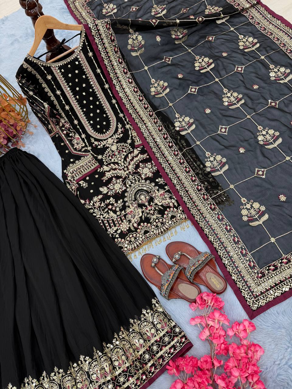 Black Designer Faux Georgette Embroidered Top with Khajuri Crush Palazzo & Matching Dupatta Set