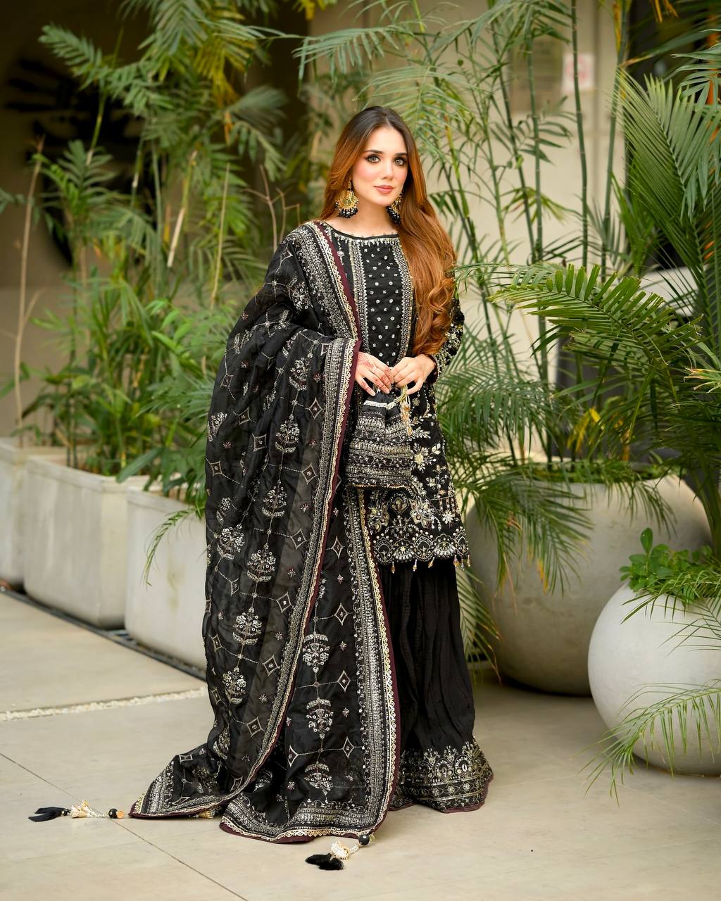 Black Designer Faux Georgette Embroidered Top with Khajuri Crush Palazzo & Matching Dupatta Set