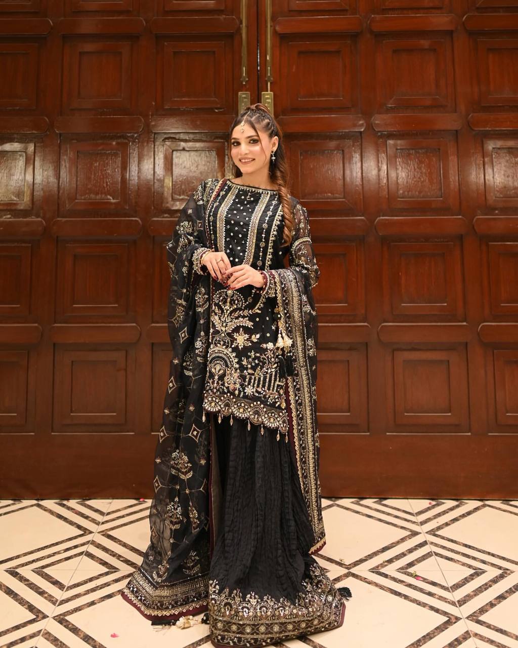 Black Designer Faux Georgette Embroidered Top with Khajuri Crush Palazzo & Matching Dupatta Set