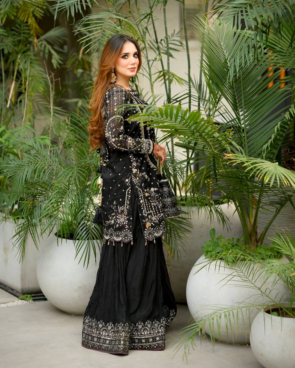 Black Designer Faux Georgette Embroidered Top with Khajuri Crush Palazzo & Matching Dupatta Set