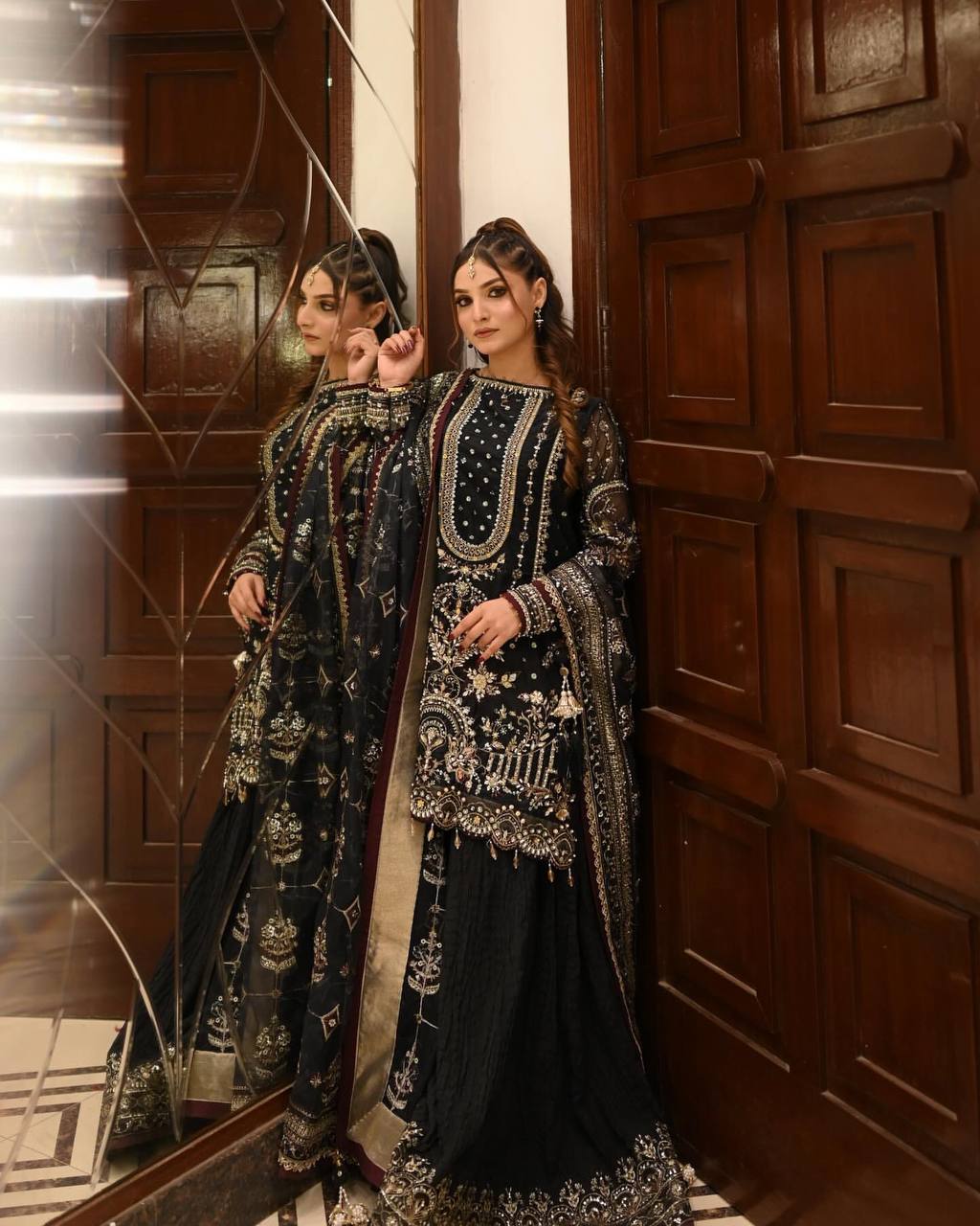 Black Designer Faux Georgette Embroidered Top with Khajuri Crush Palazzo & Matching Dupatta Set