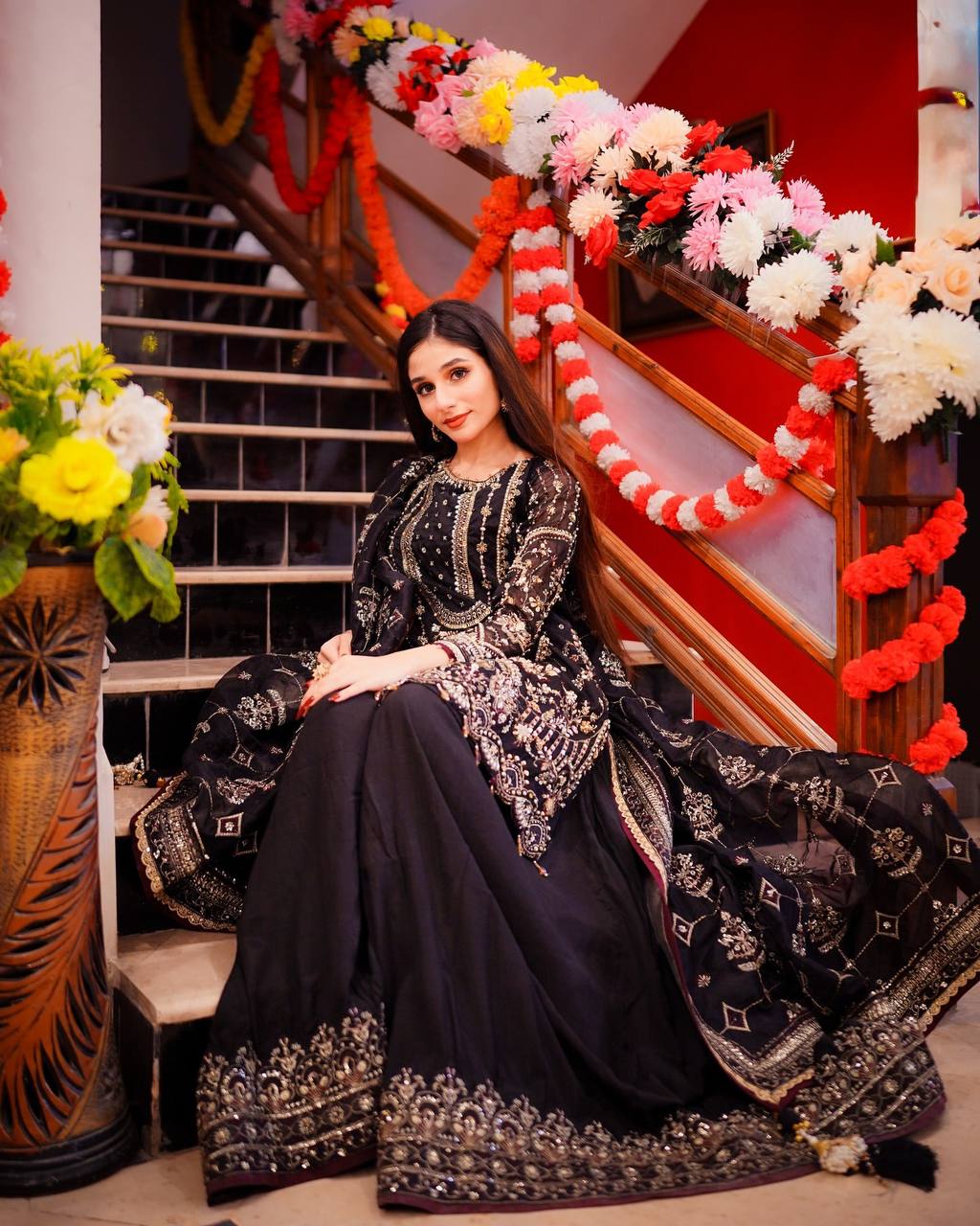 Black Designer Faux Georgette Embroidered Top with Khajuri Crush Palazzo & Matching Dupatta Set