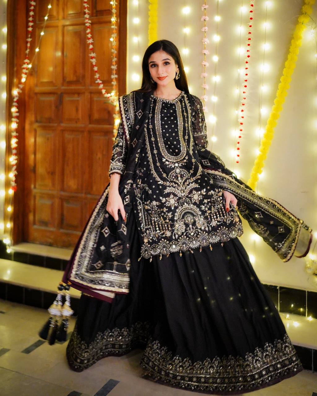 Black Designer Faux Georgette Embroidered Top with Khajuri Crush Palazzo & Matching Dupatta Set
