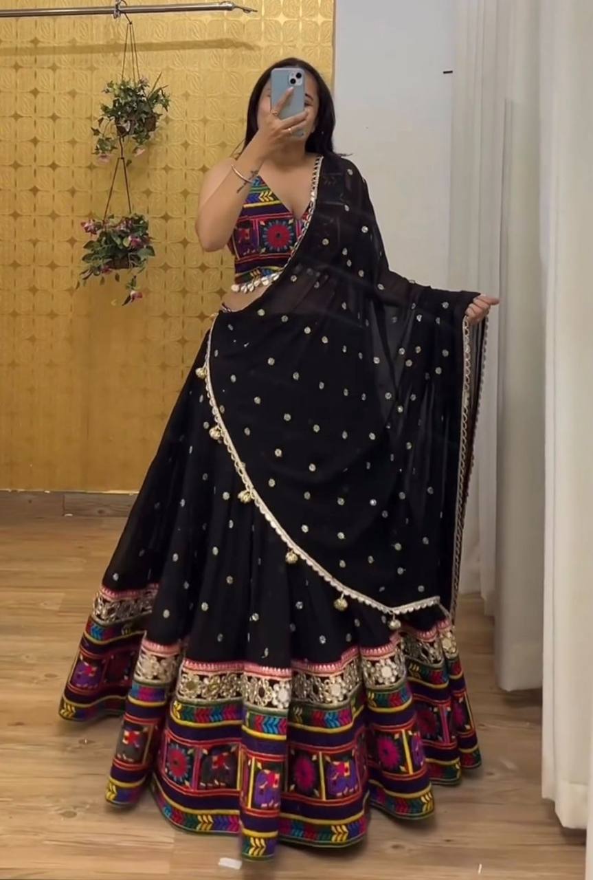 Black Designer Faux Georgette Lehenga Choli Set with Real Mirror & Chain Stitch Work