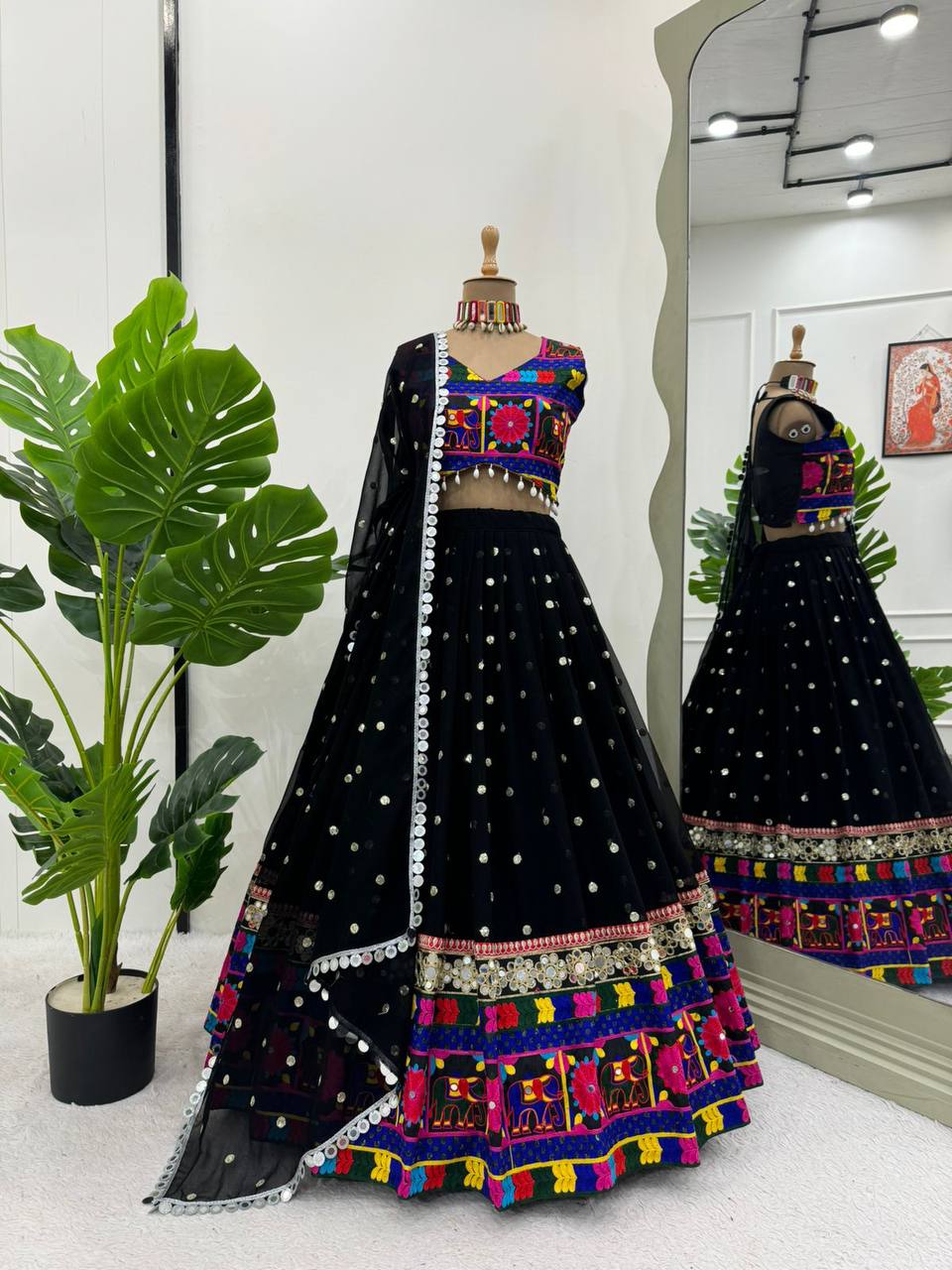 Black Designer Faux Georgette Lehenga Choli Set with Real Mirror & Chain Stitch Work