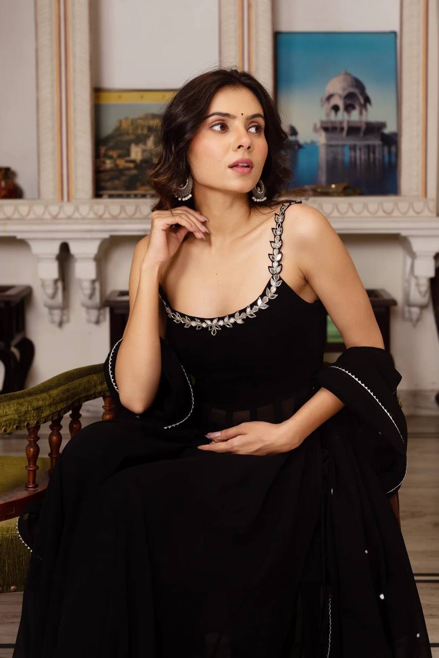Black Designer Faux Georgette Mirror Handwork Plazzo Set with Dupatta