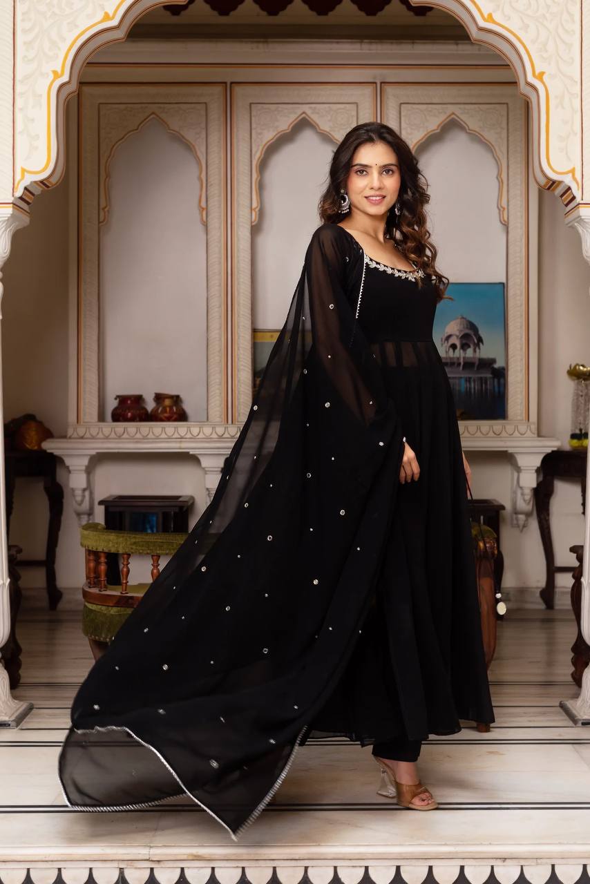 Black Designer Faux Georgette Mirror Handwork Plazzo Set with Dupatta