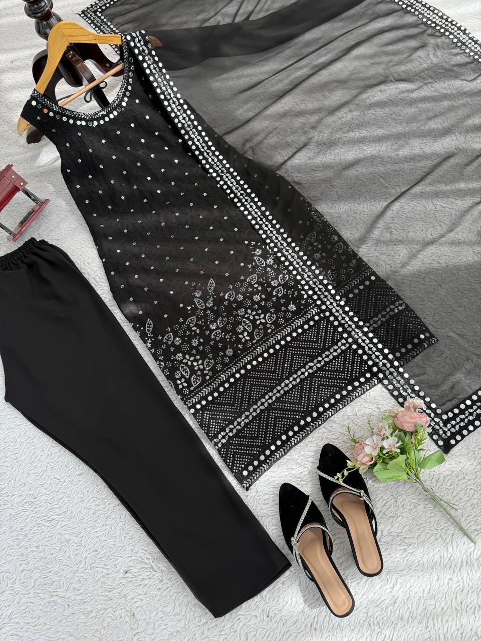 Black Designer Faux Georgette Real Mirror Work Suit Set