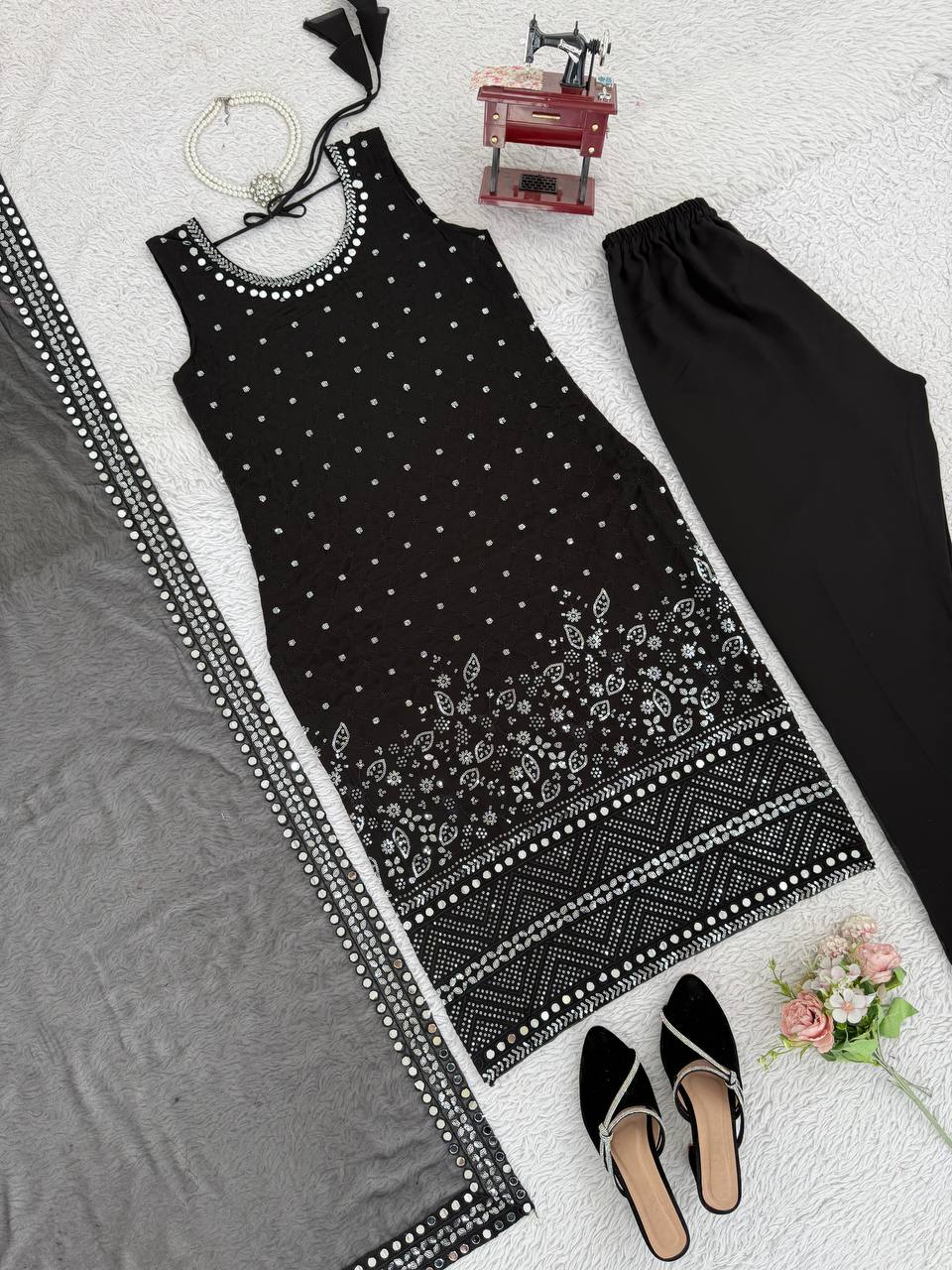 Black Designer Faux Georgette Real Mirror Work Suit Set