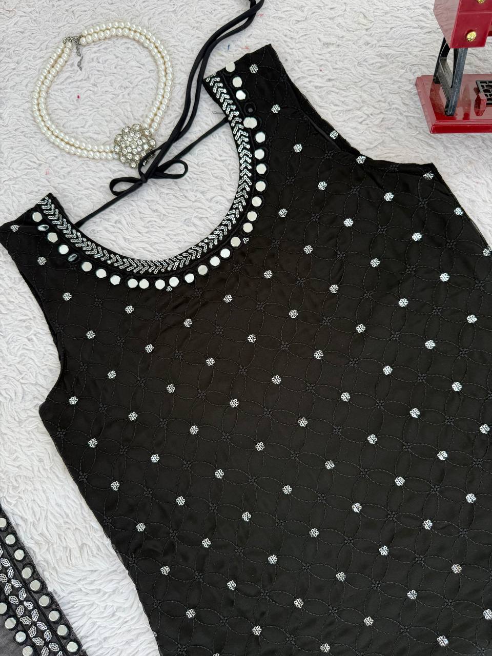 Black Designer Faux Georgette Real Mirror Work Suit Set