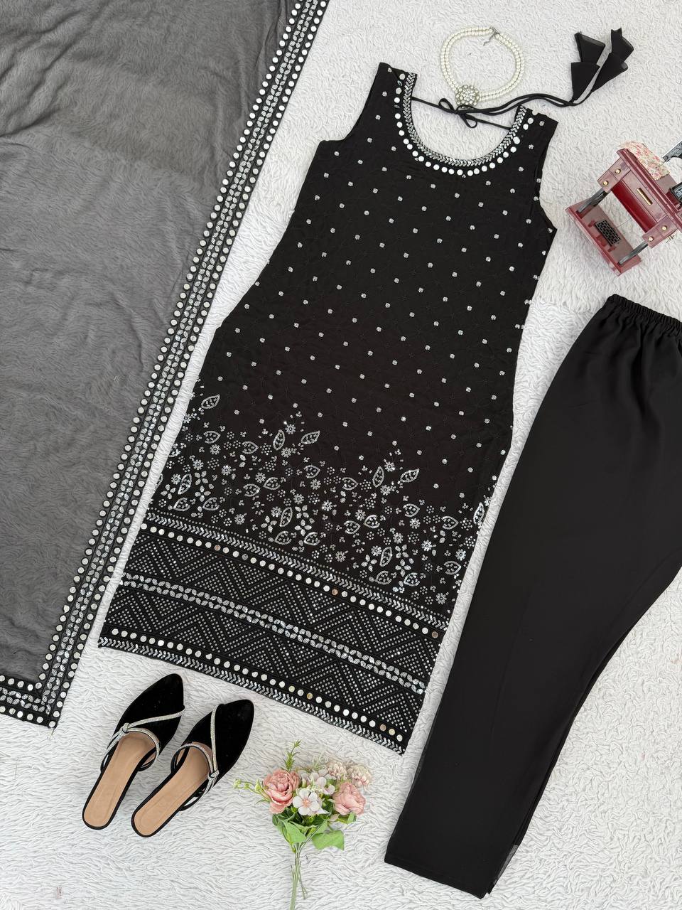 Black Designer Faux Georgette Real Mirror Work Suit Set