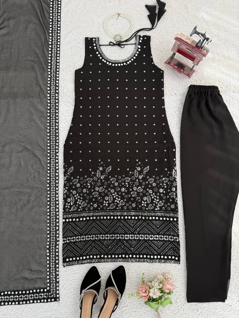 Black Designer Faux Georgette Real Mirror Work Suit Set