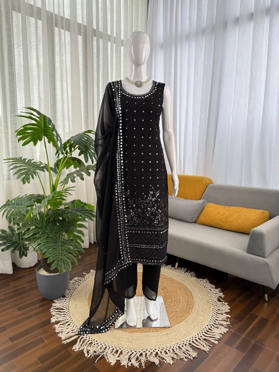 Black Designer Faux Georgette Real Mirror Work Suit Set