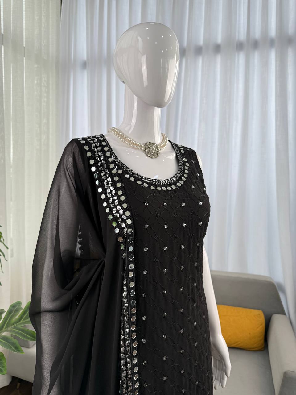 Black Designer Faux Georgette Real Mirror Work Suit Set