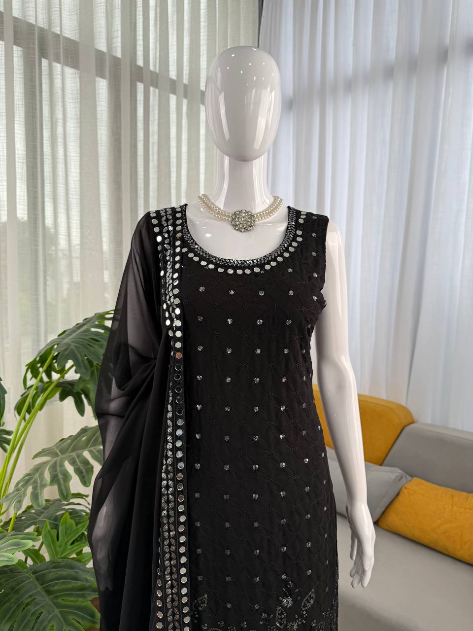 Black Designer Faux Georgette Real Mirror Work Suit Set