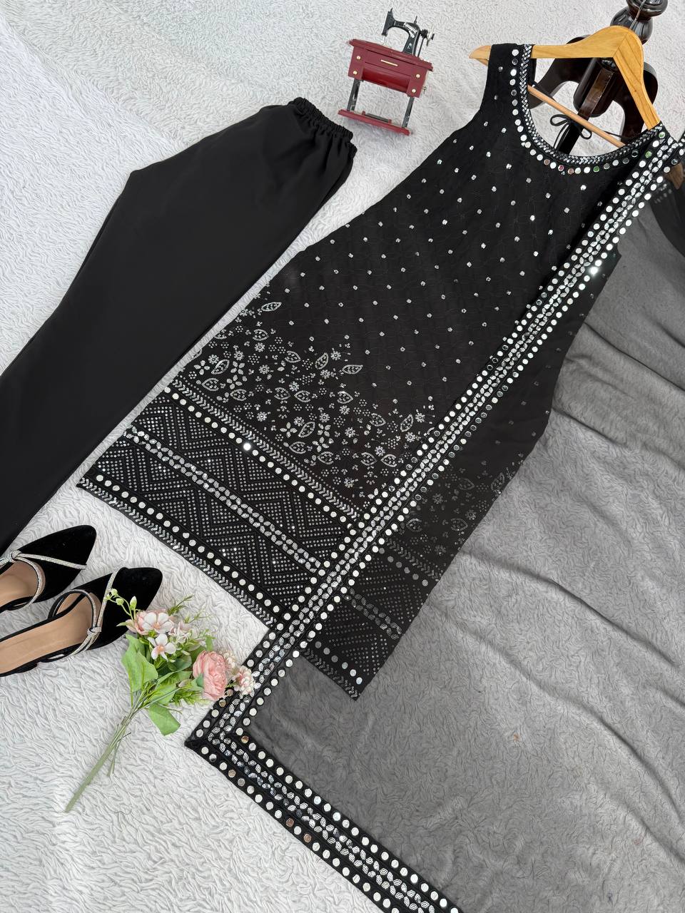 Black Designer Faux Georgette Real Mirror Work Suit Set