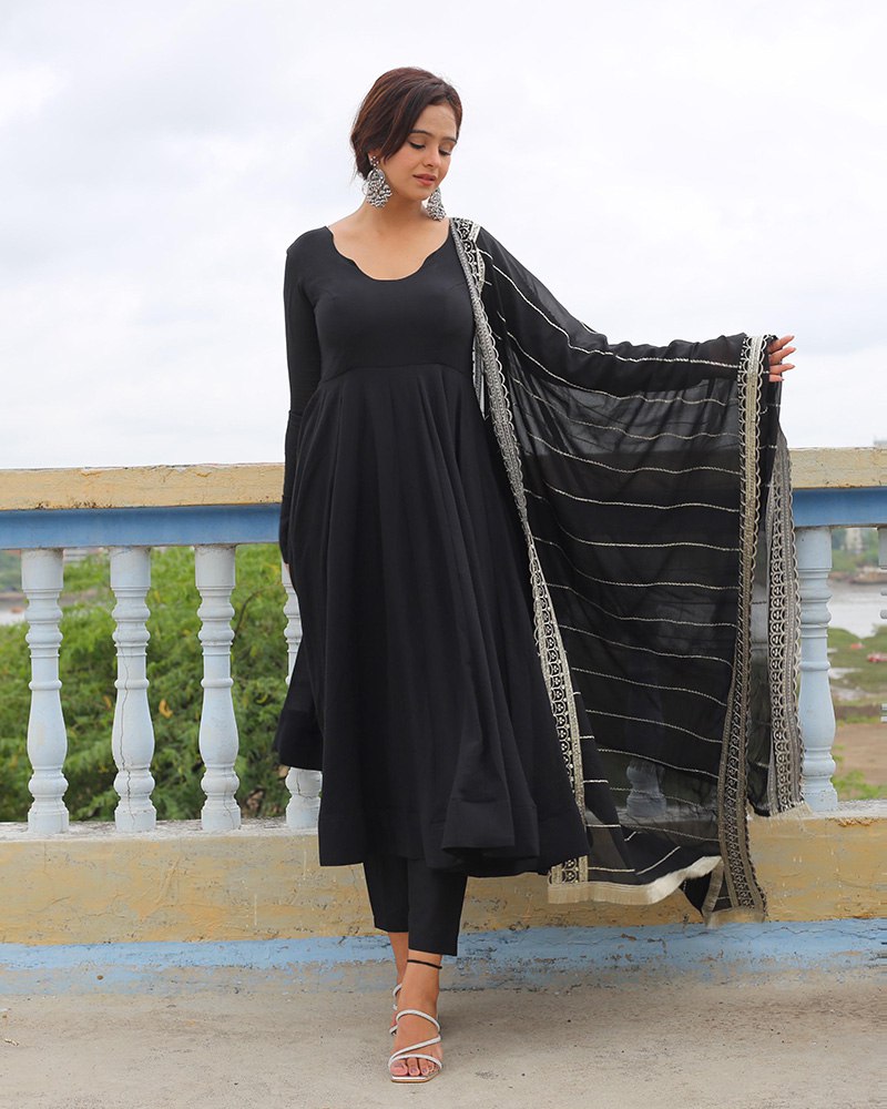 Black Designer Neck Sequence Work Georgette Anarkali Suit with Dupatta