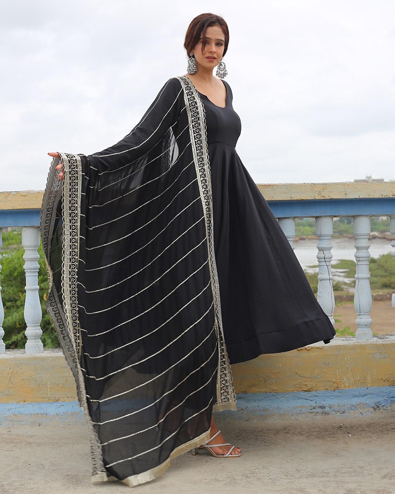 Black Designer Neck Sequence Work Georgette Anarkali Suit with Dupatta