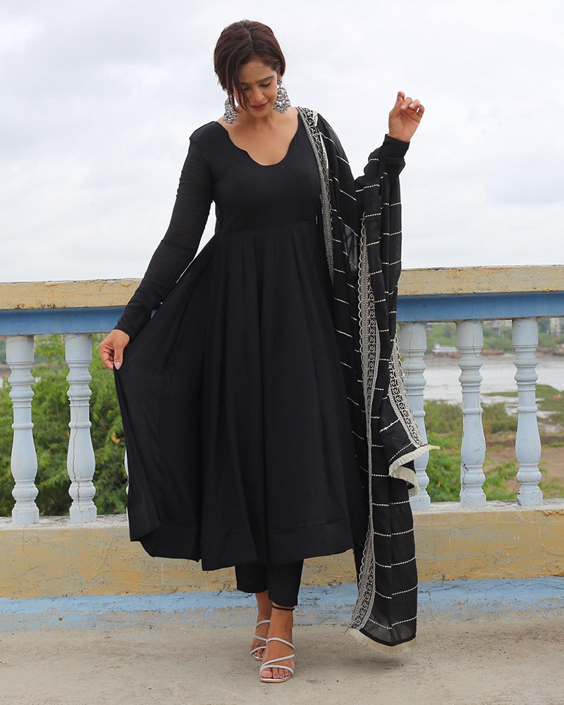 Black Designer Neck Sequence Work Georgette Anarkali Suit with Dupatta
