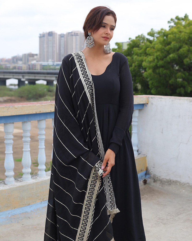 Black Designer Neck Sequence Work Georgette Anarkali Suit with Dupatta