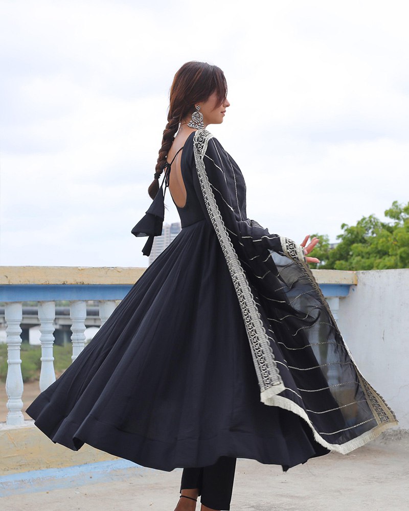 Black Designer Neck Sequence Work Georgette Anarkali Suit with Dupatta