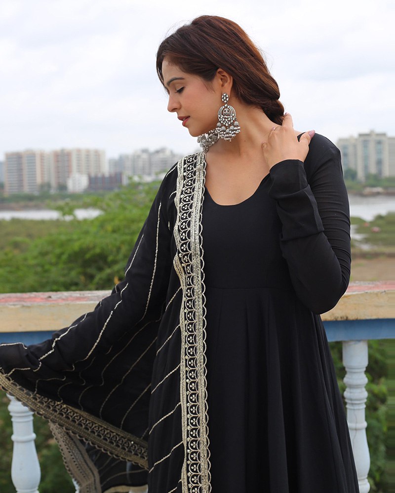 Black Designer Neck Sequence Work Georgette Anarkali Suit with Dupatta