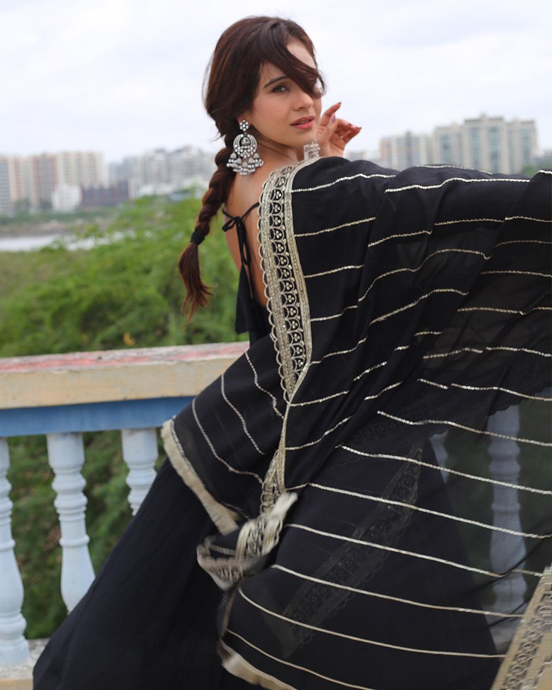 Black Designer Neck Sequence Work Georgette Anarkali Suit with Dupatta