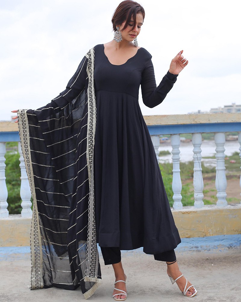 Black Designer Neck Sequence Work Georgette Anarkali Suit with Dupatta