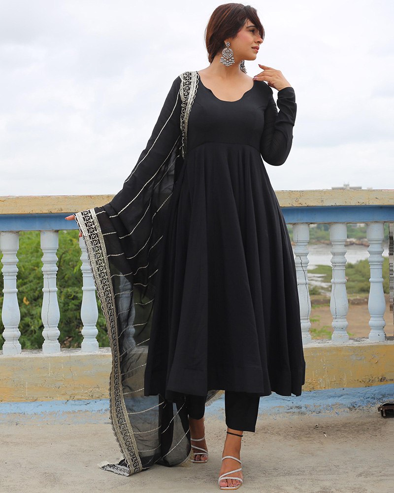 Black Designer Neck Sequence Work Georgette Anarkali Suit with Dupatta