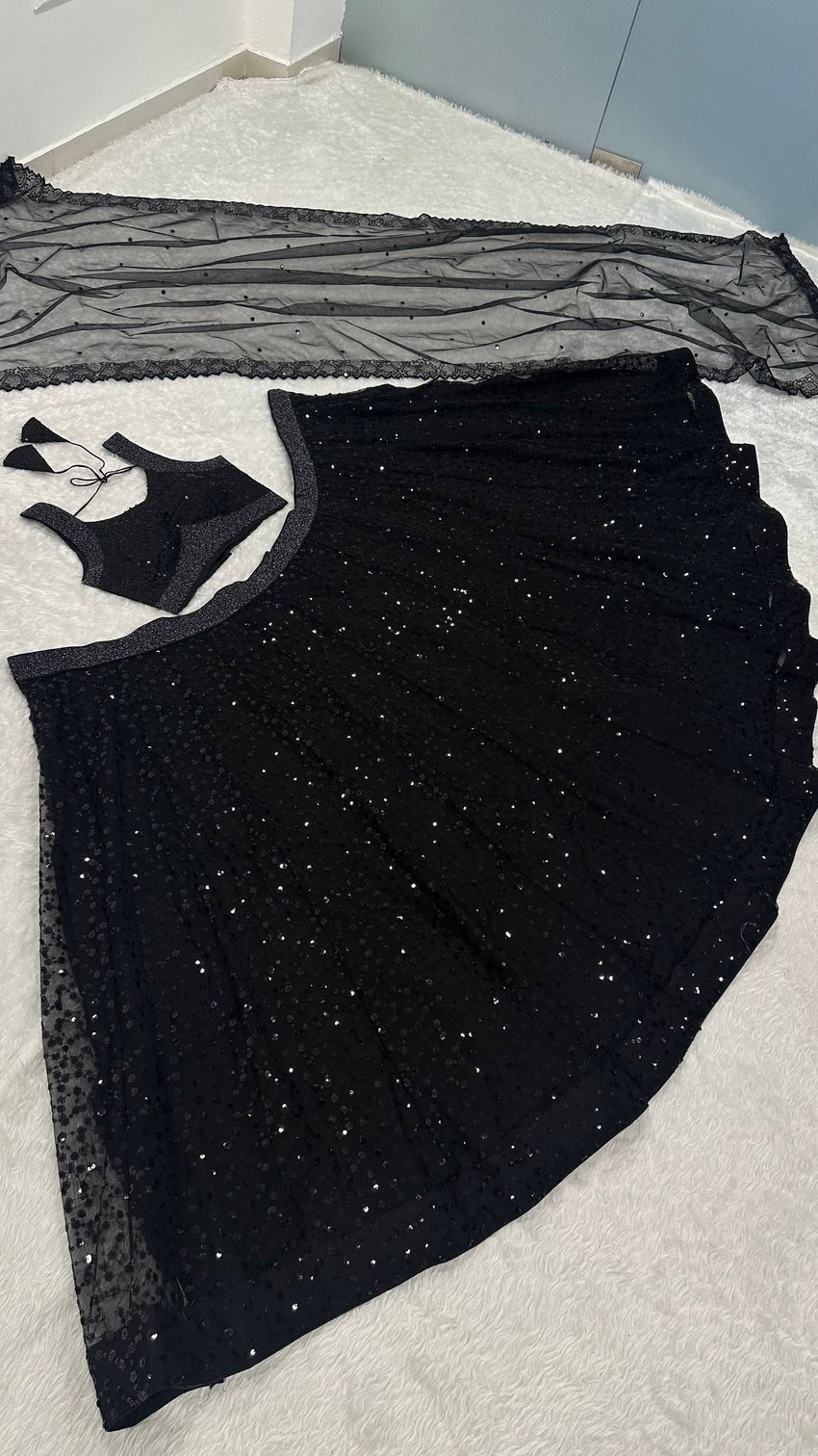Black Designer Net Sequins & Zari Embroidered Lehenga Choli Set with 3.5 Meter Flair & Matching Dupatta