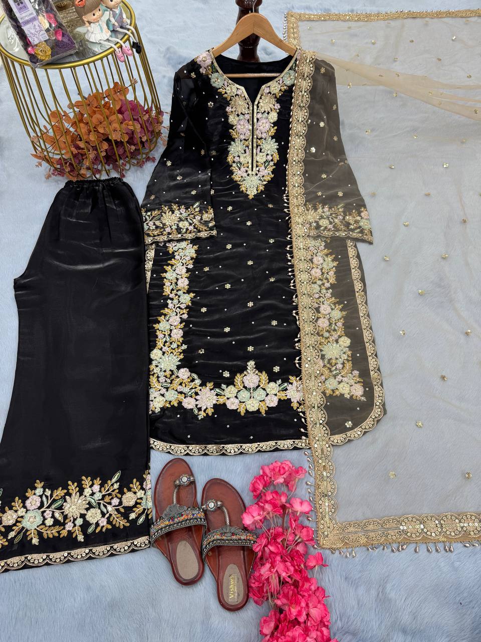Black Designer Party Wear Chinon Silk Plazzo Set – Exquisite Embroidery & Handwork