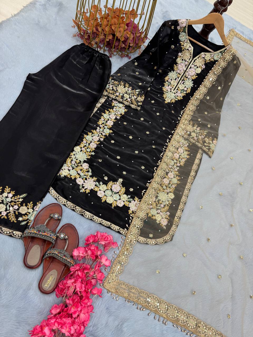 Black Designer Party Wear Chinon Silk Plazzo Set – Exquisite Embroidery & Handwork