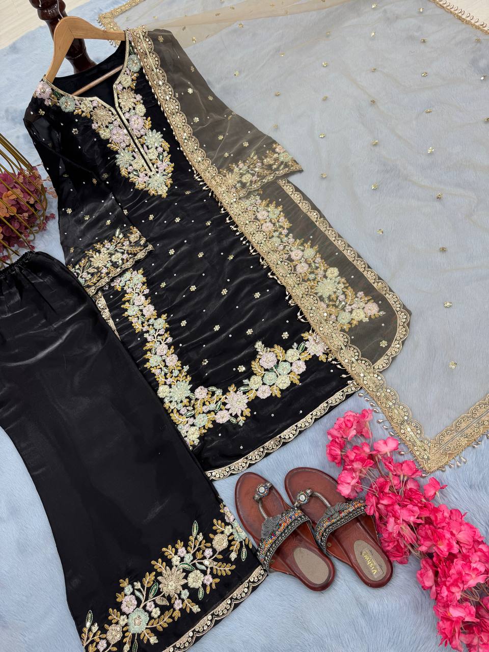 Black Designer Party Wear Chinon Silk Plazzo Set – Exquisite Embroidery & Handwork