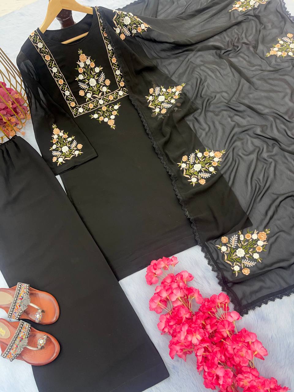 Black Designer Party Wear Top-Plazzo-Dupatta Set – Elegance Redefined