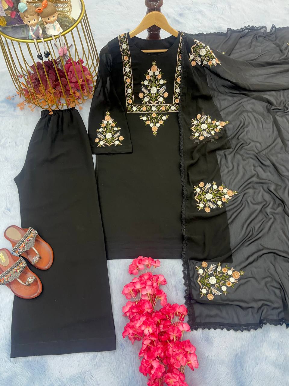 Black Designer Party Wear Top-Plazzo-Dupatta Set – Elegance Redefined